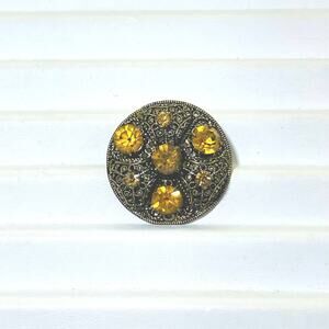 Vtg Brooch Dome Czech Slovakia Amber Brown Crystal Stones Antiqued Gold Tone